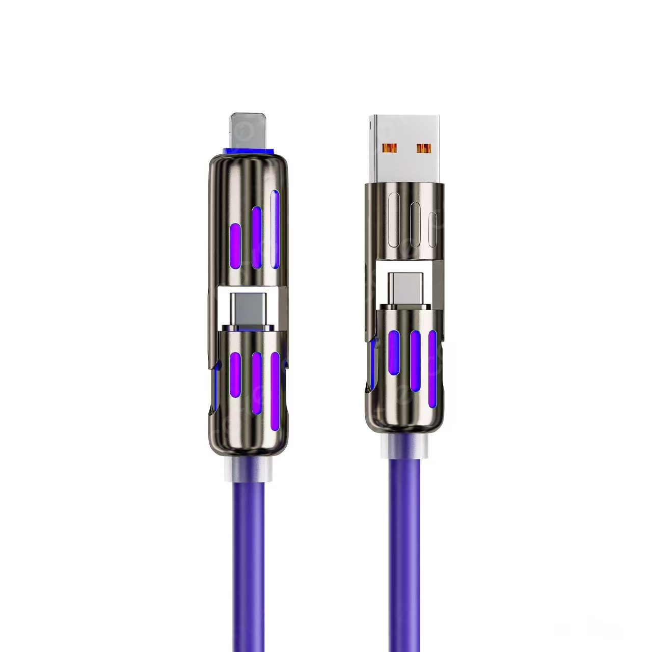 Sunflower 240W Luminous 4-in-1 Multi Fast Charging USB Cable, Silicone Glow Multi-head Charger Cord For Lightning & Type-C Phones