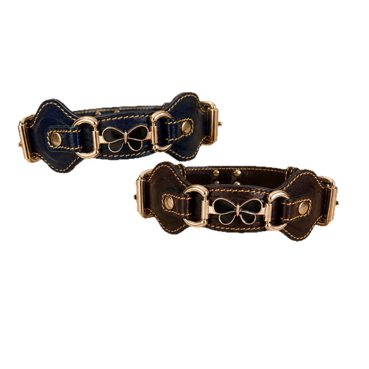 Sunflower Top Grain Cowhide Butterfly Pet Collar, Double Needle Buckle Genuine Leather Collar for Dogs & Cats
