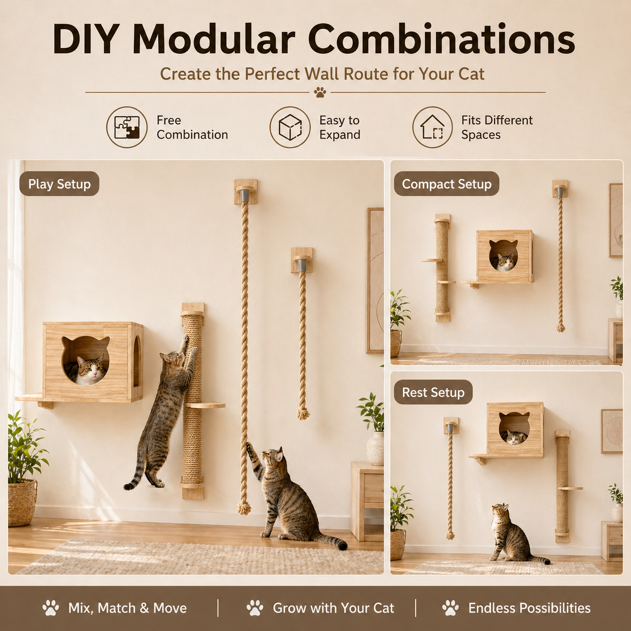 Sunflower Wall Mount Cat Tree DIY Set, Solid Wood & Sisal Cat Scratcher Furniture thumb 1