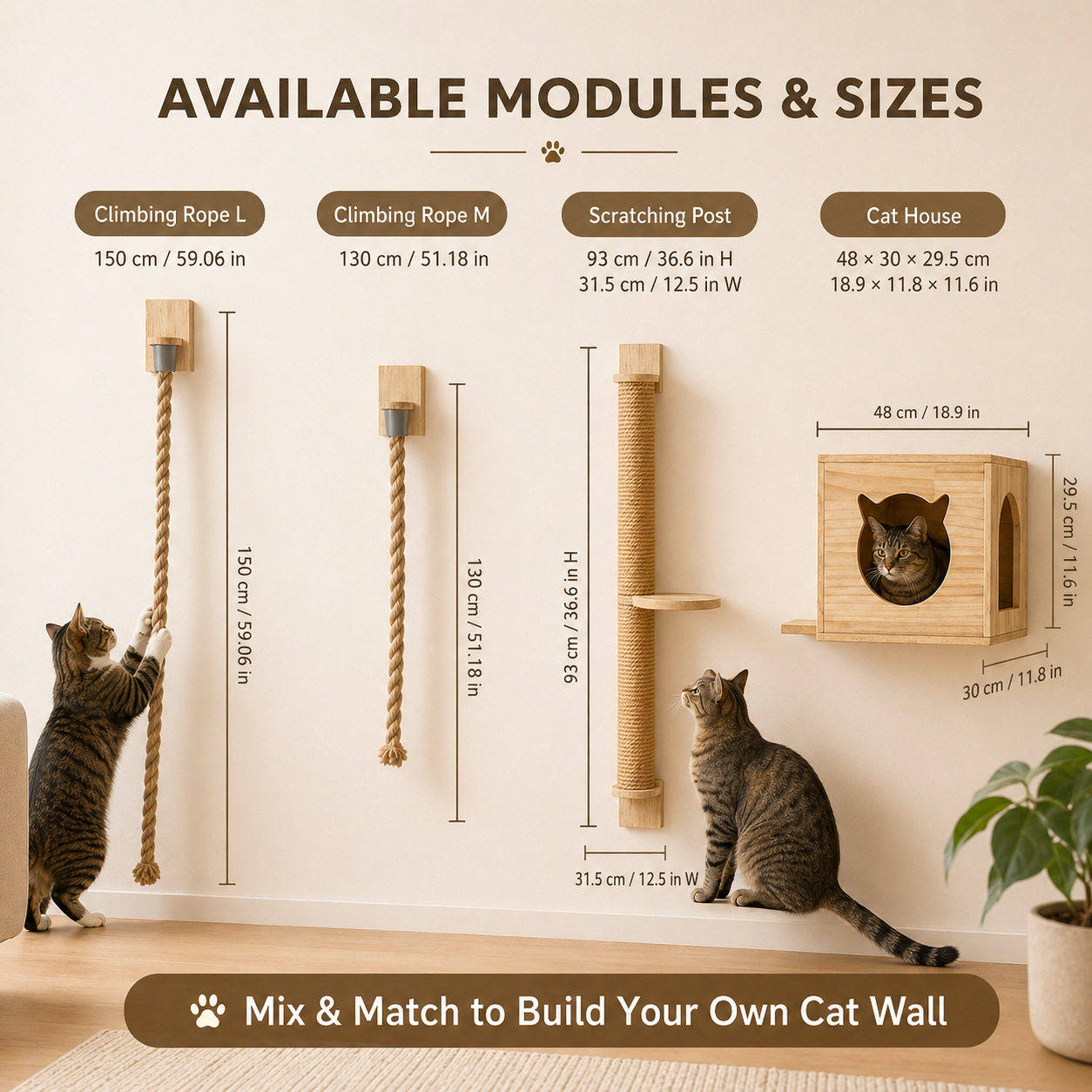 Sunflower Wall Mount Solid Wood Cat Tree Sisal Rope Cat House Perch