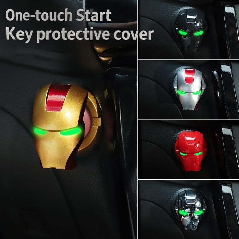 Sunflower Iron Man Helmet Car Start Stop Button Cover, Luminous Eye Auto Interior Modification Decorative Trim Sticker