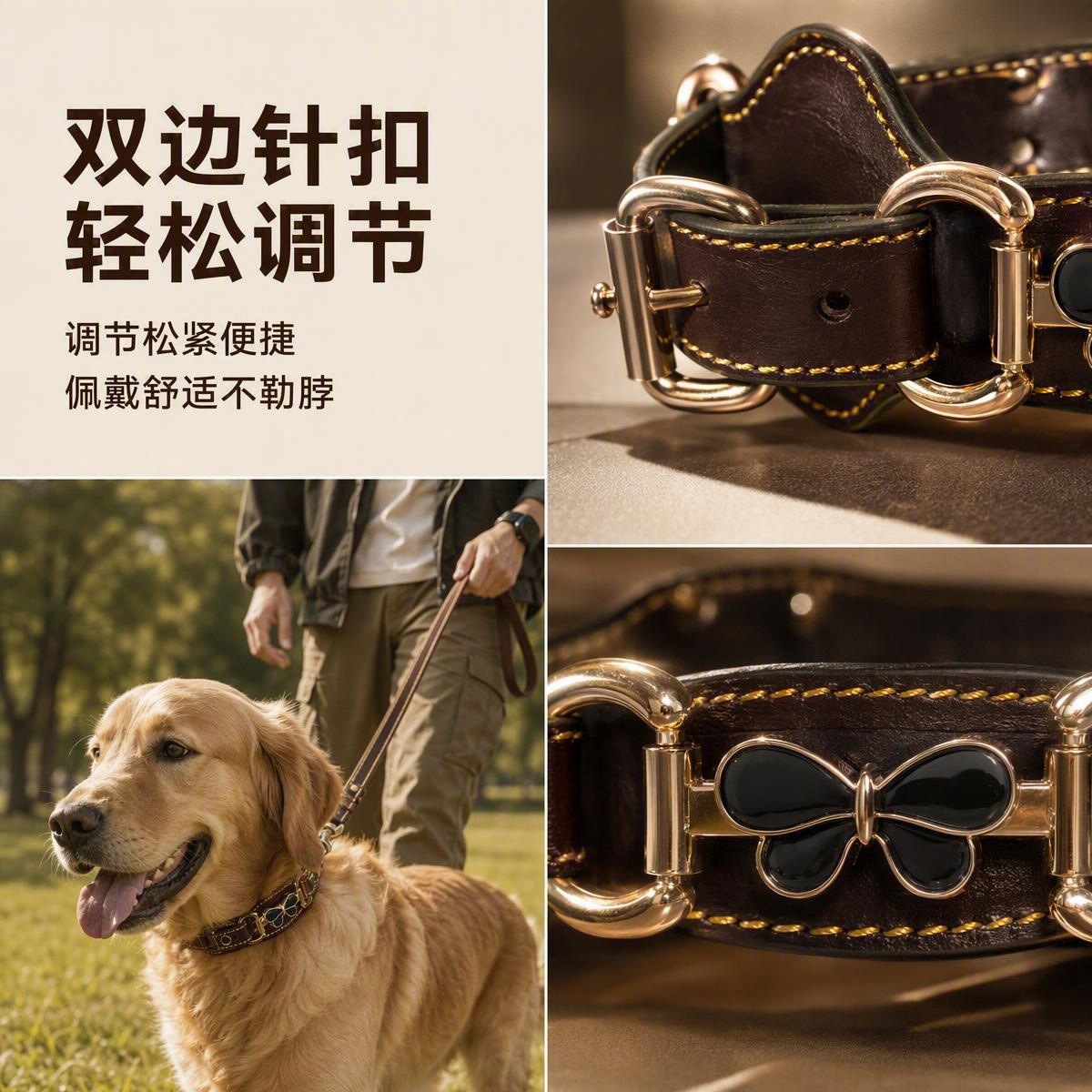 Sunflower Top Grain Cowhide Butterfly Pet Collar, Double Needle Buckle Genuine Leather Collar for Dogs & Cats thumb 7