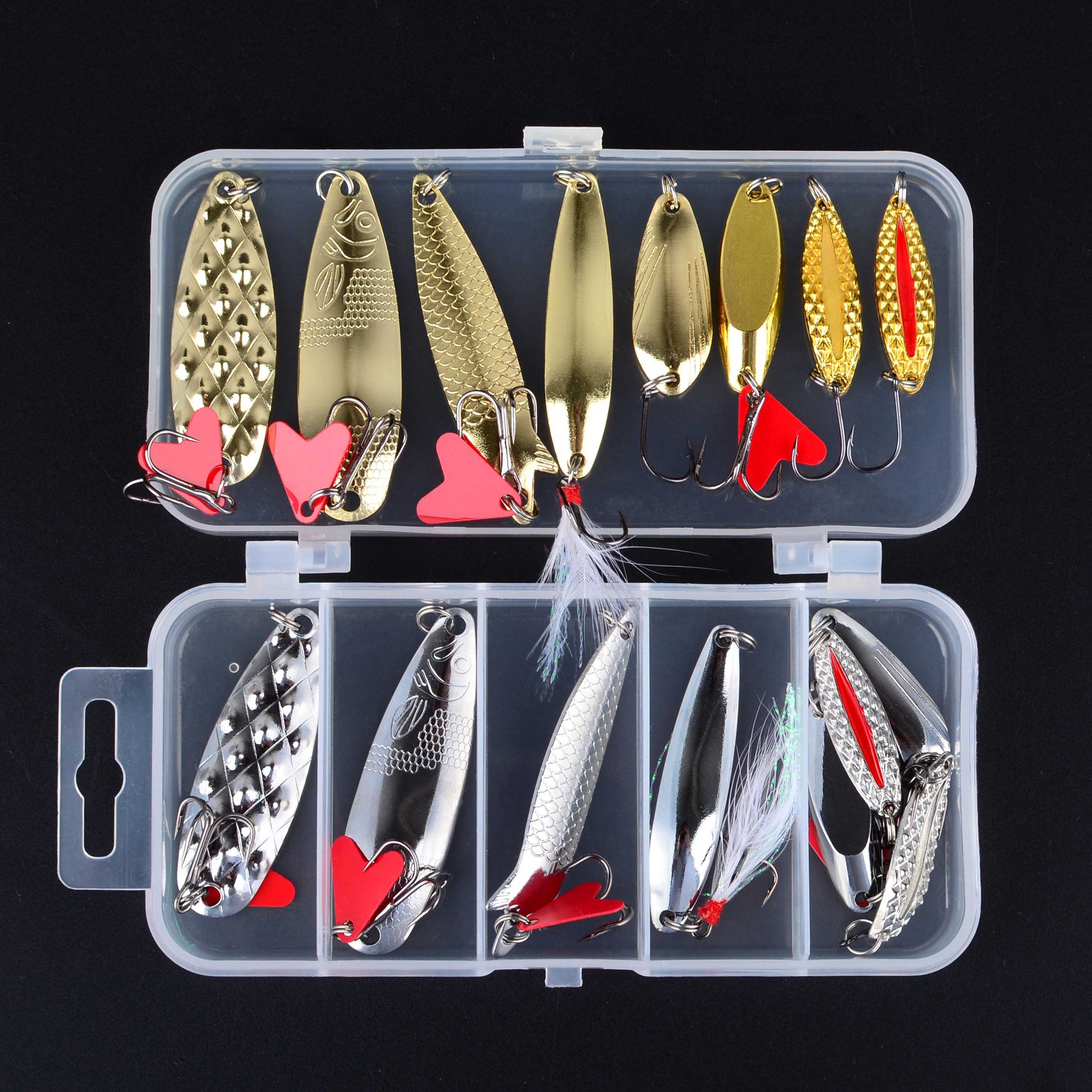 Sunflower 16Pcs Metal Spoon Lure Set With Feather Treble Hooks Saltwater & Freshwater Long Cast Fishing Baits