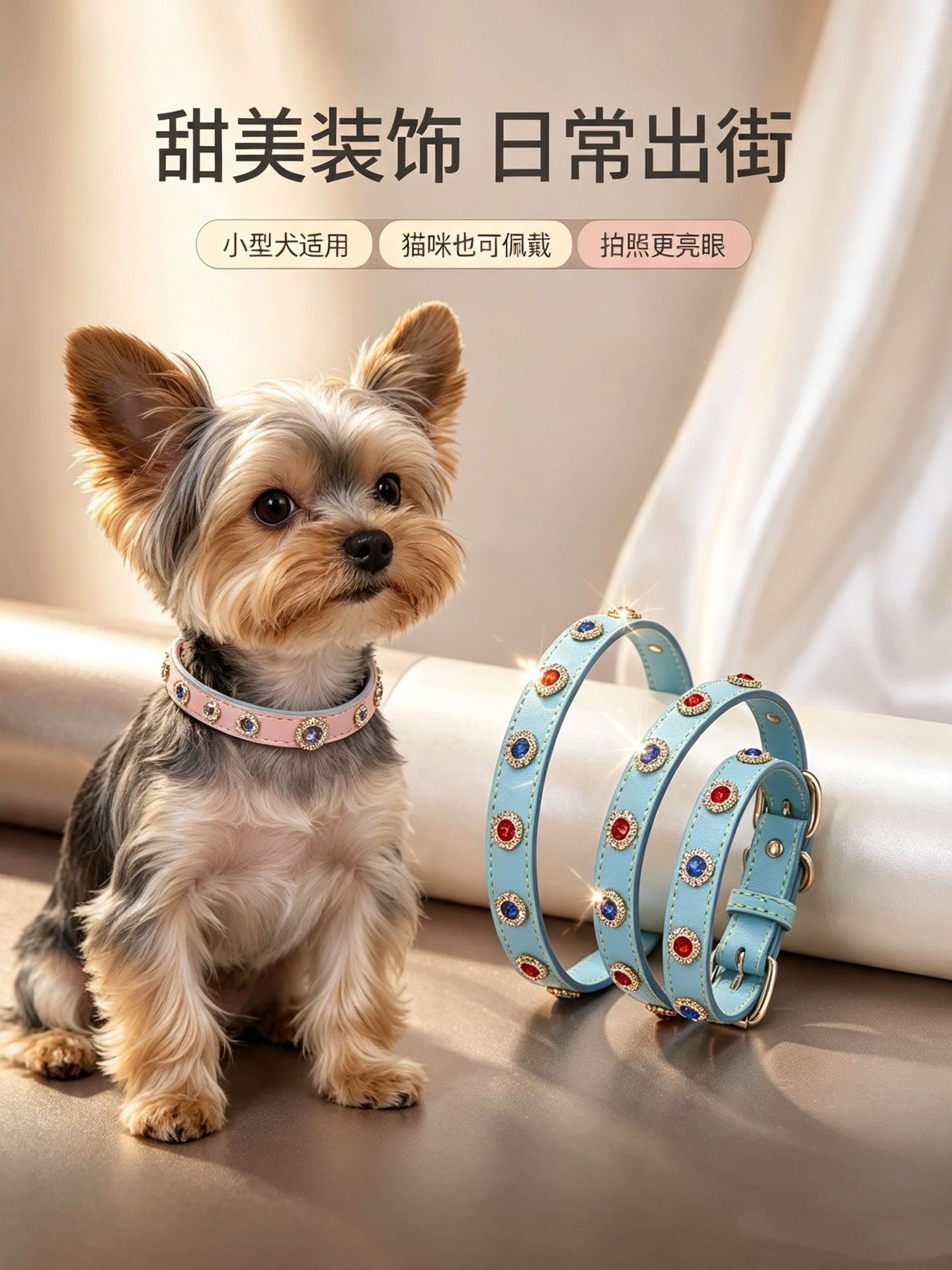 Sunflower Genuine Leather Rainbow Rhinestone Dog Collar, Adjustable Colorful Crystal Pet Collar for Dogs & Cats thumb 6