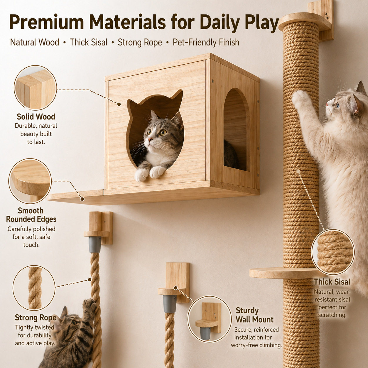 Sunflower Wall Mount Cat Tree DIY Set, Solid Wood & Sisal Cat Scratcher Furniture thumb 2