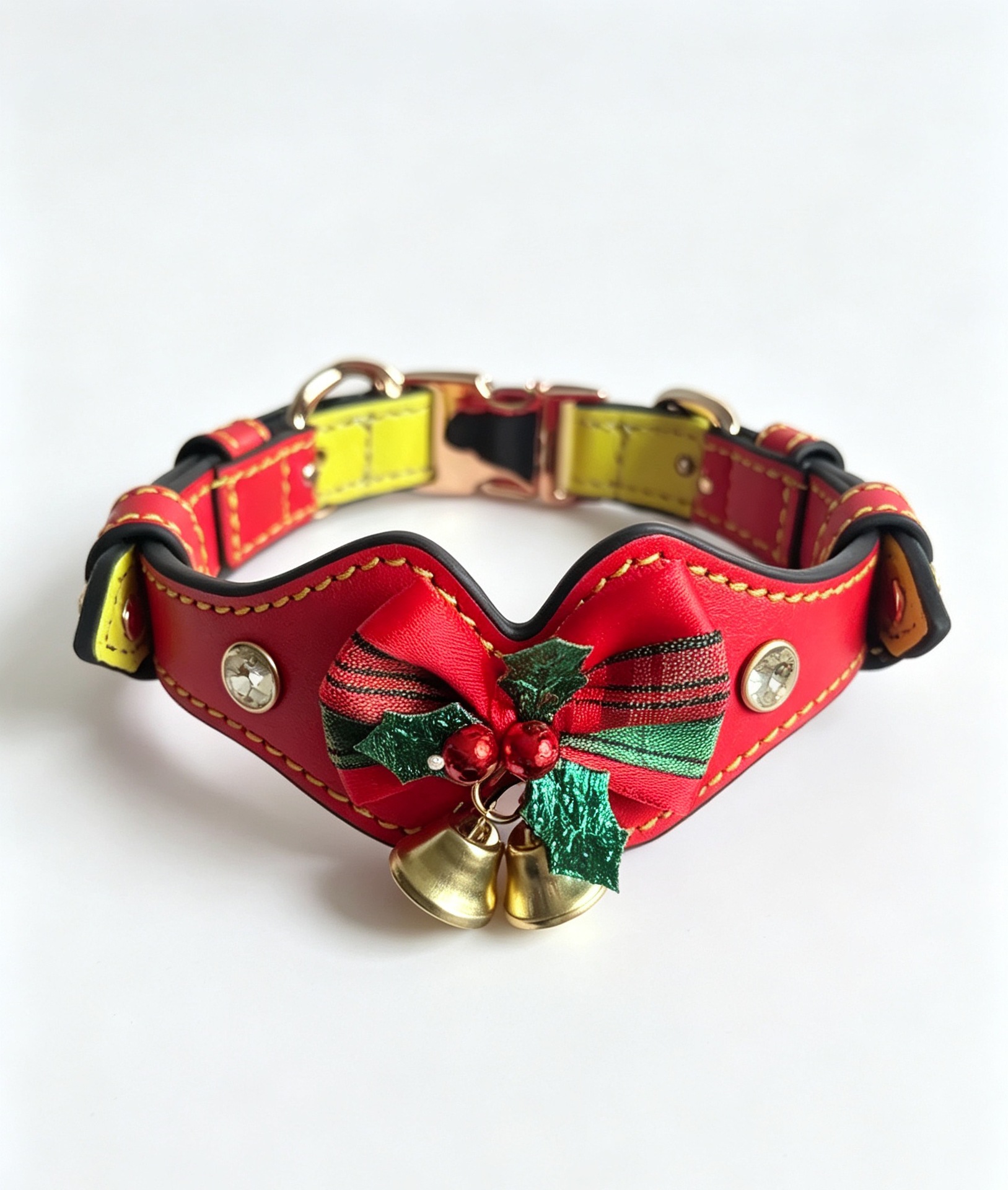 Sunflower Top Grain Cowhide Christmas Bow Bell Pet Collar, Rhinestone Dog & Cat Holiday Collar thumb 2